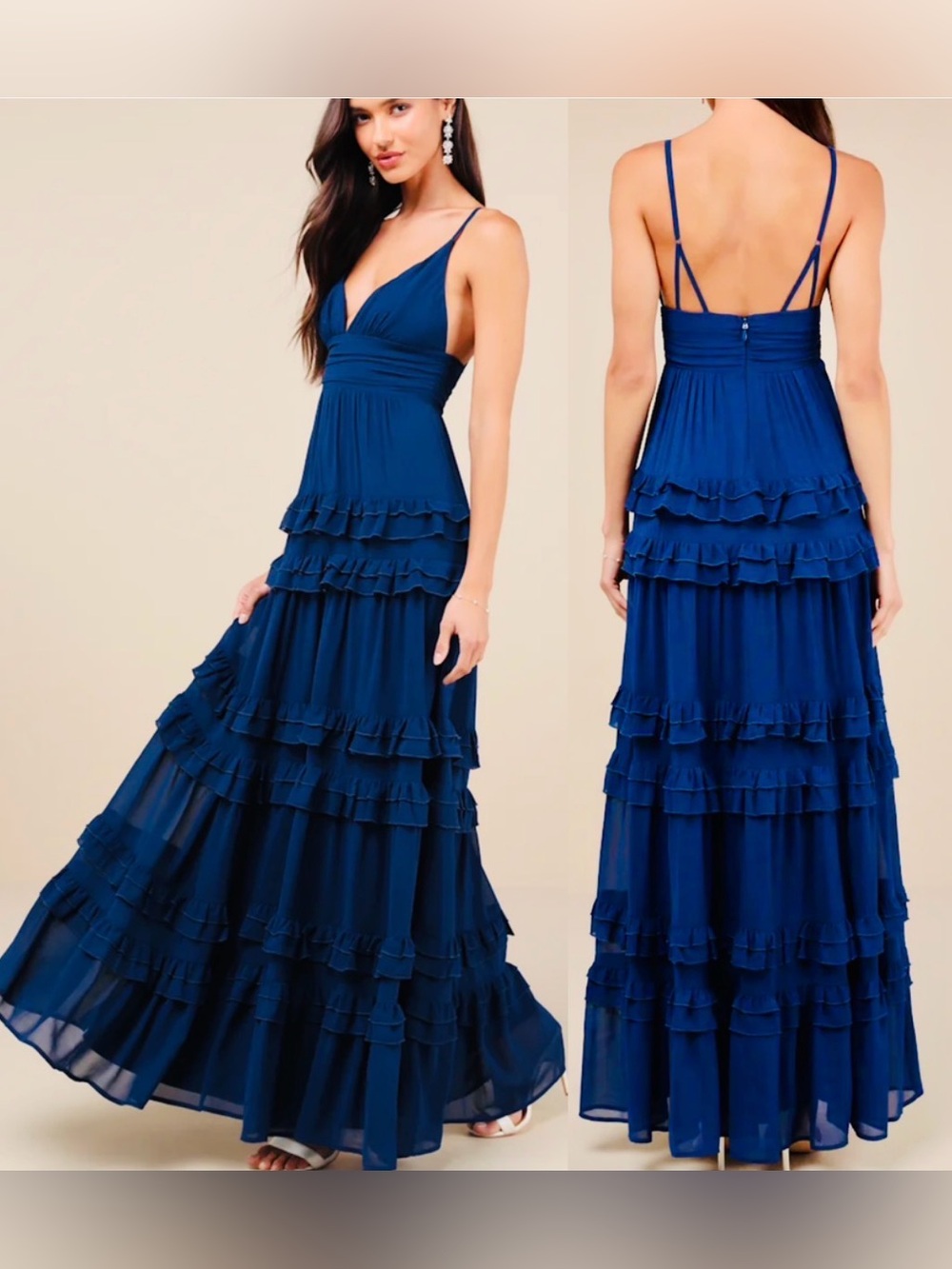 LULUS LAVISH PERFECTION RUFFLED TIERED MAXI NAVY BLUE WOMENS SIZE M~NWT